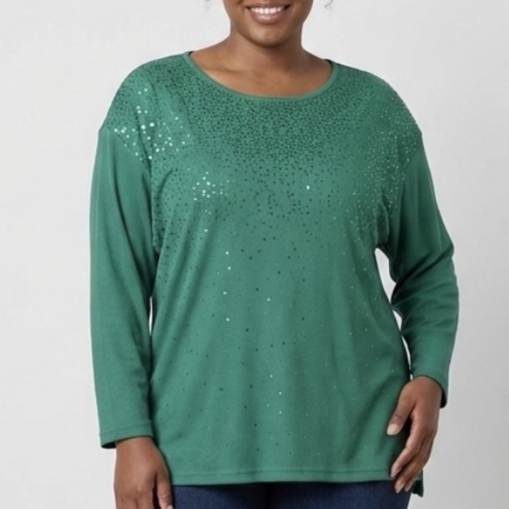 NWT Quacker Factory Green Ribbed Sequins 3/4 Sleeves Knit Top Size 3X